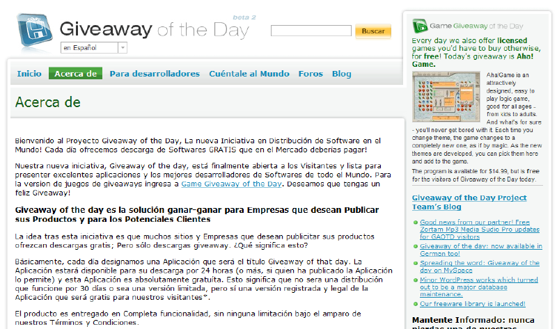 Esto es lo que verás en la Página “Acerca de” de Giveaway of the Day en Español