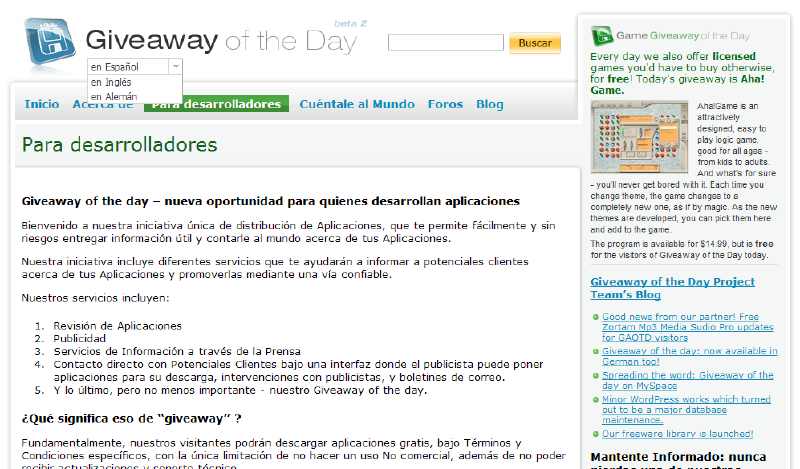 Sección “Para desarrolladores” de Giveaway of the Day. Nótese el Menú de Traducciones Activado Arriba…