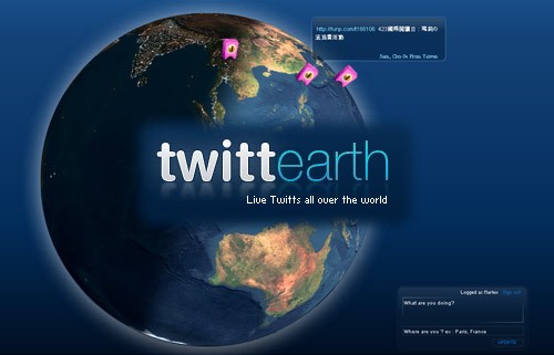 Twittearth captura: Vee los twitteos geolocalizados de los usuarios de Twitter en el Mundo