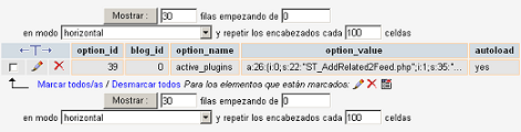 Interfaz de base de datos mostrando plugins activos