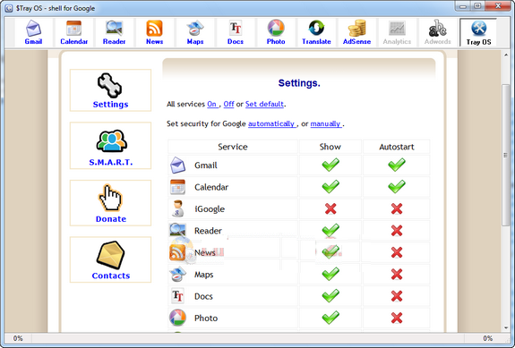 Captura de pantalla de TrayOS mostrando aplicaciones web de Google