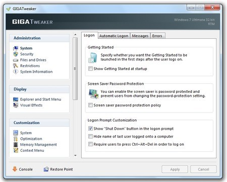 Imagen de GIGATweaker para optimizar Windows 7