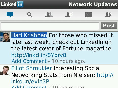 Captura de pantalla de la aplicación LinkedIn para BlackBerry mostrando la red de contactos