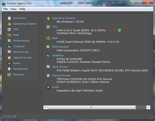 Captura de pantalla de Speccy mostrando análisis de hardware