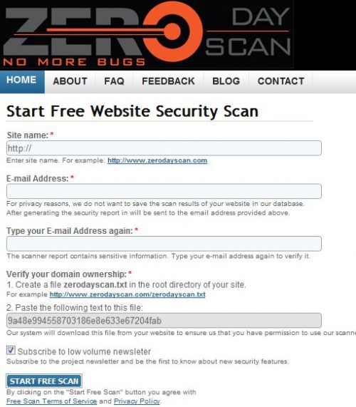 Captura de pantalla de ZeroDayScan mostrando el formulario de escaneo