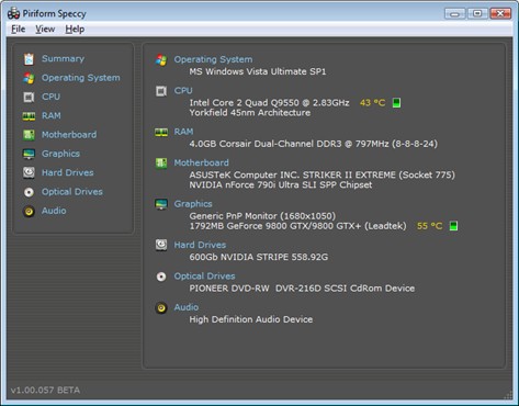 Captura de pantalla de Speccy mostrando información del hardware