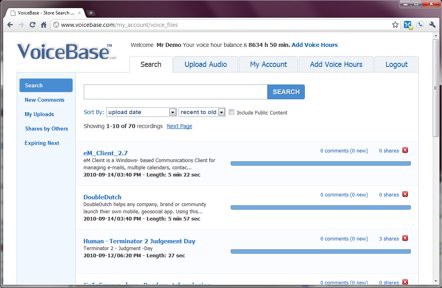 Captura de pantalla de VoiceBase mostrando la interfaz de conversión de audio a texto