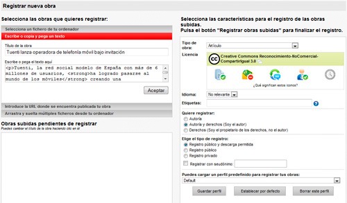 Panel del Bookmarklet de registro de Obras