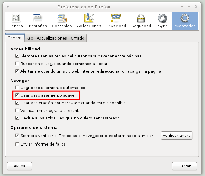 Captura de pantalla del desplazamiento suave en Firefox