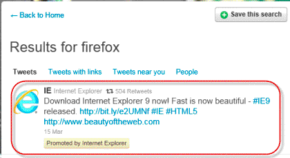 Internet Explorer promocionado en Twitter al buscar ‘Firefox’