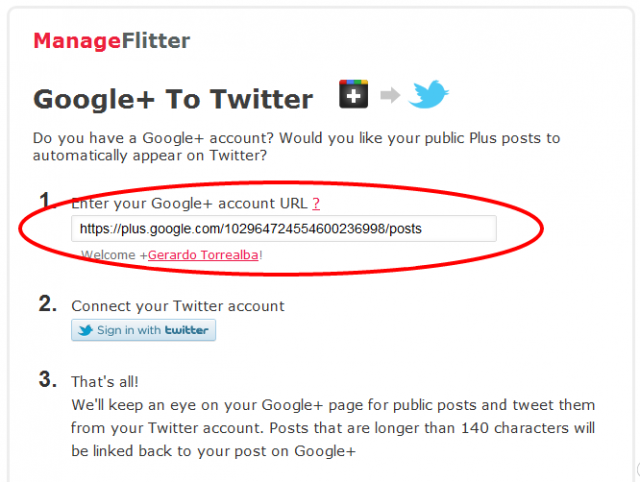 Configuración de URL de Google+ en ManageFlitter