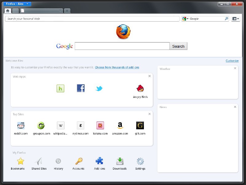 La Nueva pestaña de Inicio de Firefox 9