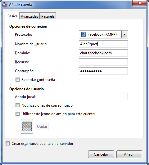 Imagen de configuración de Facebook en Pidgin