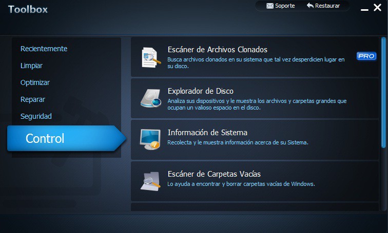 Sección ‘Control’ de Advanced SystemCare 4