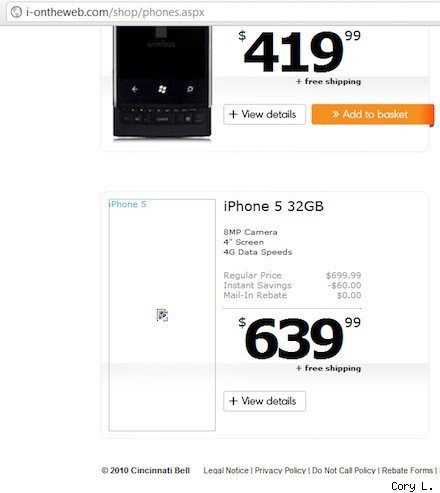 iPhone 5 en el sitio web de Cincinnati Bell