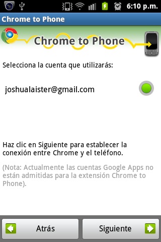 Imagen de configuración de Chrome to Phone