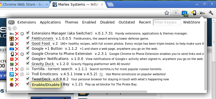 Gestor de extensiones de Google Chrome