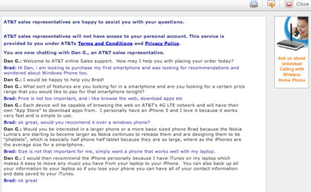 Captura de chat con AT&T