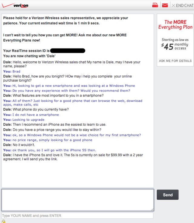 Captura de chat con Verizon